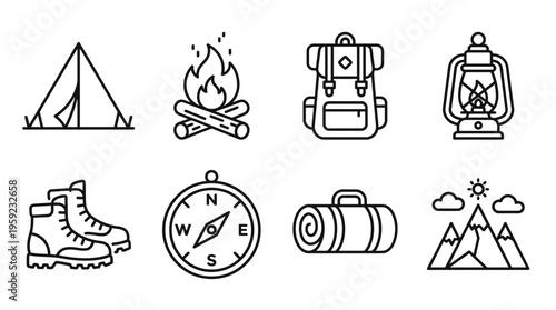 "Minimal line icons of camping gear including tent, campfire, backpack, lantern, boots, compass, sleeping bag, mountains."