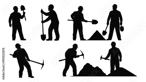 Silhouette of miners in various poses with mining tools and piles of coal or ore