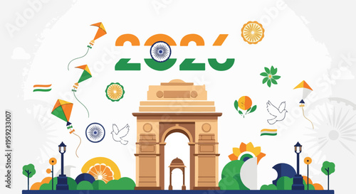 Vibrant illustration of India Gate featuring 2024 in national colors, surrounded by festive kites and patriotic symbols.