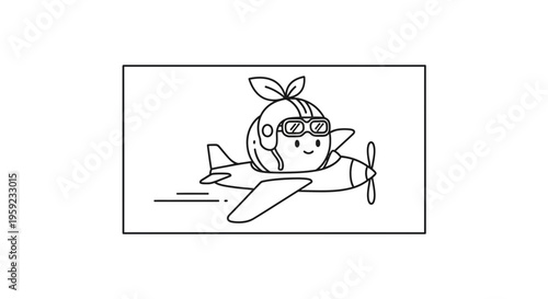 Cute cartoon orange character flying an airplane, pilot aviator, happy adventure, vector illustration