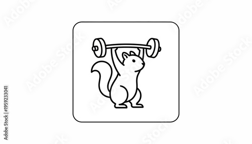 Cute cartoon squirrel lifting weights, fitness and strength icon