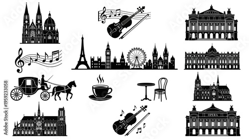 "Minimal line icons of European landmarks and culture including opera house, cathedral, palace, carriage, violin, coffee, ferris wheel."