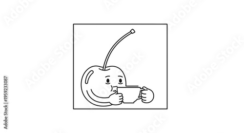 Cute Cherry Character Drinking Coffee, Cartoon Style