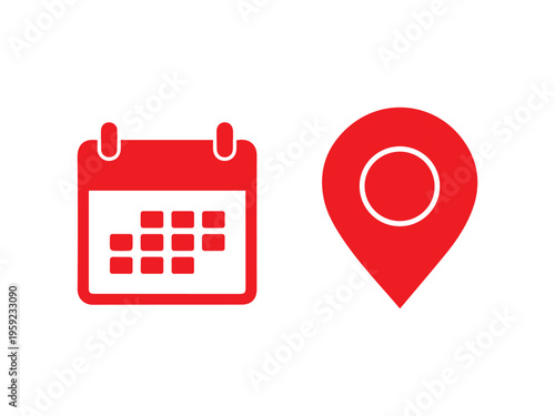 Red calendar and map location pin icons are displayed side-by-side on a white background for scheduling.