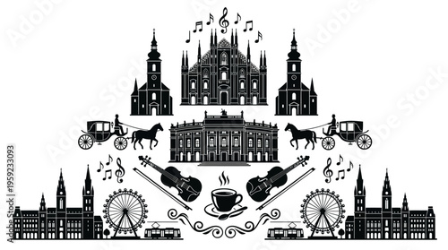 "Minimal line icons of European landmarks and culture including opera house, cathedral, palace, carriage, violin, coffee, ferris wheel."