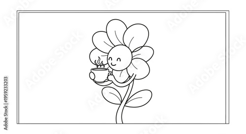 Cute Flower Character Enjoying a Steaming Cup of Coffee