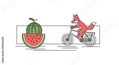 Cute Fox Riding Bicycle with Watermelon Slice and Whole Watermelon