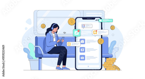 Woman with headphones using smartphone on bench, coins and notifications around, concept of mobile finance and online communication