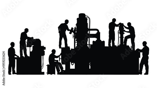Silhouette of construction workers on a building site at work
