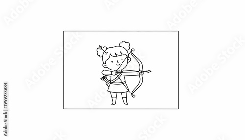 Cute Cartoon Girl Archer Aiming Bow and Arrow, Line Art Illustration