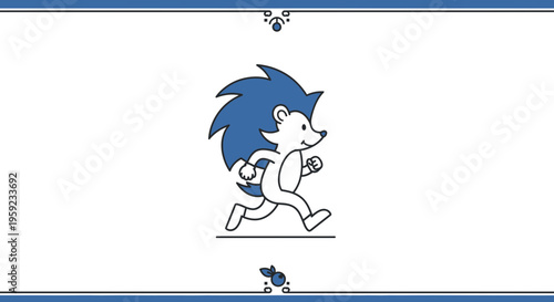Cute cartoon hedgehog running fast, blue spikes, simple illustration, white background
