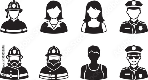 Emergency responders icons, occupation silhouettes, professional people, black vector graphics