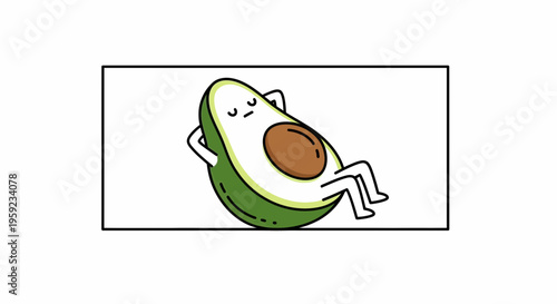 Cute Avocado Character Relaxing on Back, Funny Healthy Food Illustration