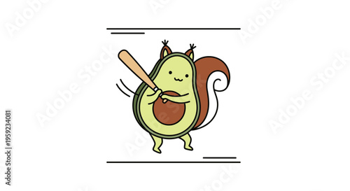 Cute Avocado Squirrel Character Swinging Baseball Bat, Funny Food Art