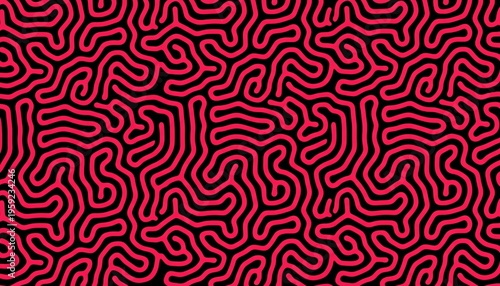 A vibrant red maze pattern on a black background with intricate designs