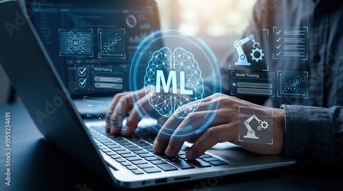 Wallpaper Mural machine learning, artificial intelligence, ML, technology, automation, neural network, data science concept with hands typing on laptop and holographic brain interface graphics. Torontodigital.ca