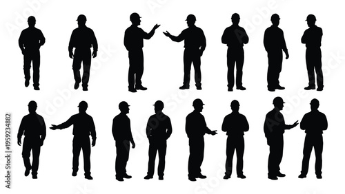 Collection of 12 black silhouettes of men in various poses and business attire