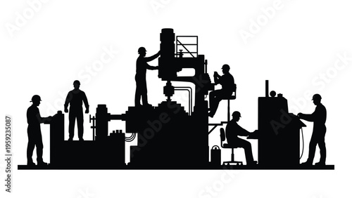 Industrial workers operating heavy machinery in a factory setting