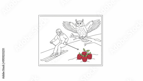 Skier approaches raspberries guarded by owl on branch