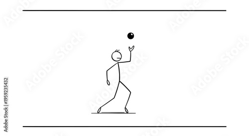 Stick figure man jumping to catch a black ball in a minimalist setting