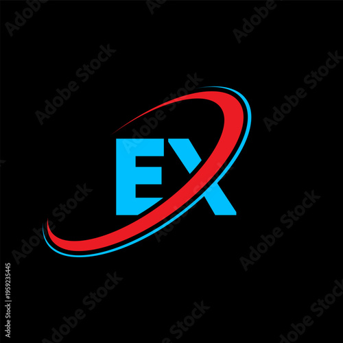 EX E X letter logo design. Initial letter EX linked circle uppercase monogram logo red and blue. EX logo, E X design. ex, e x