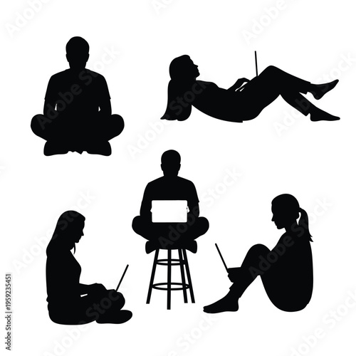 Collection of person silhouettes sitting in yoga poses and lounging while using laptops