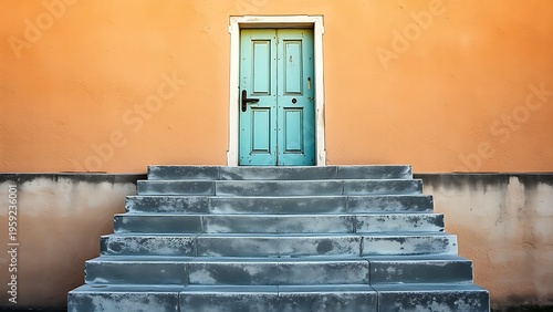 afternoon. Single painted old metal door at the top of rough concrete steps. real-estate listings, architecture portfolios, designed for architectural facade and classical detail presentations.