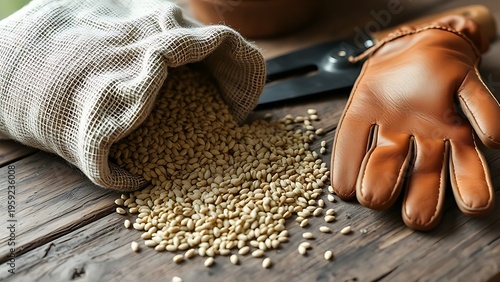 ryegrass. Burlap sack of grass seeds spilling onto a rustic wooden tabletop. gardening catalogs, home-decor guides, designed for gardening and botanical catalogs and home decor and floral branding.