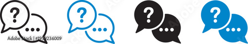 FAQ icon set, speech bubbles with question mark ellipsis, support help center sign, messaging inquiry UI, answer symbol, talk pictogram, communication illustration