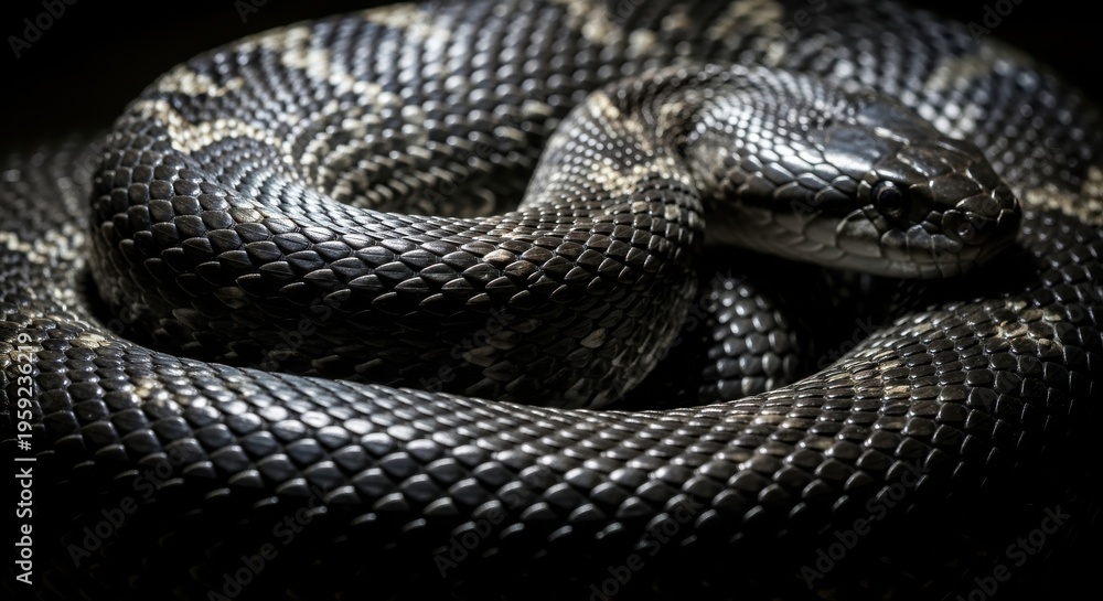 Fototapeta premium Coiled snake in dark background with shiny scales