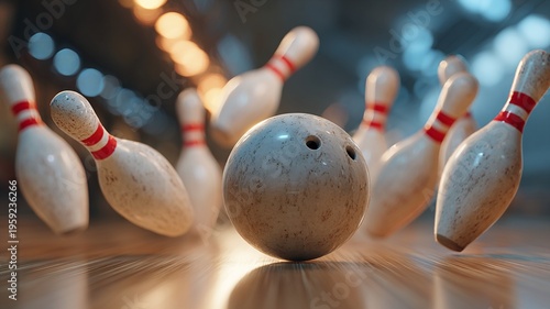  strike. Bowling game with ball, wooden floor, color, copyspace with ball, wooden floor, color, copyspace
