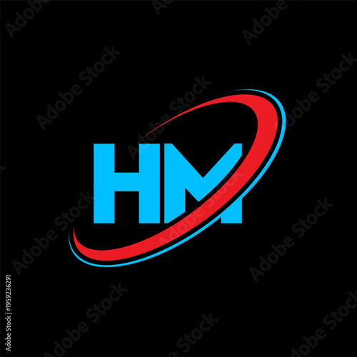 HM H M letter logo design. Initial letter HM linked circle uppercase monogram logo red and blue. HM logo, H M design. hm, h m