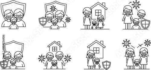 Family protection icons set with masks shields and home safety line art vector illustration