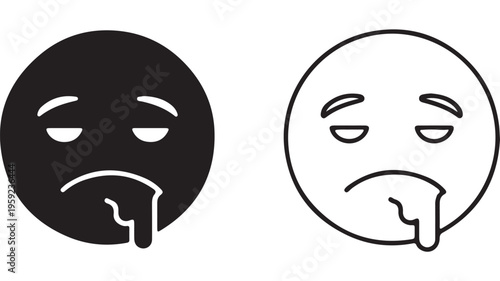 Sad face icons with drool, black and white