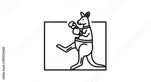 Boxing Kangaroo Line Art Icon: Australian Animal Boxer in Square Frame