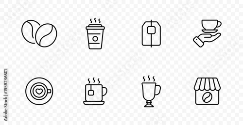 Coffee tea set icon. Roasted beans, takeaway cup, tea bag, serving hand, latte art, hot mug, trophy drink, cafe shop