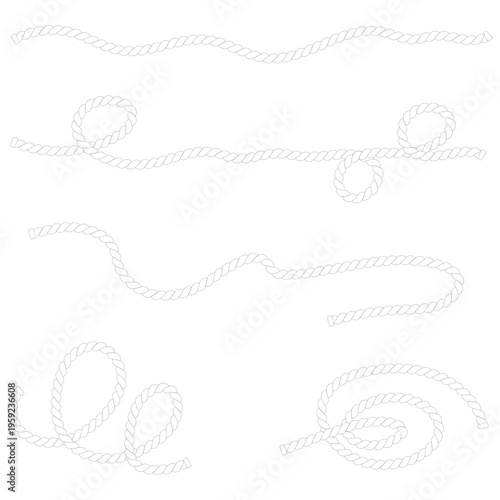 Rope or cordage of various shapes, simple line drawing. Vector illustration. Set isolated on white background. Not AI.