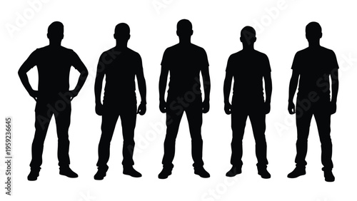 Five human silhouettes standing in a row on a white background