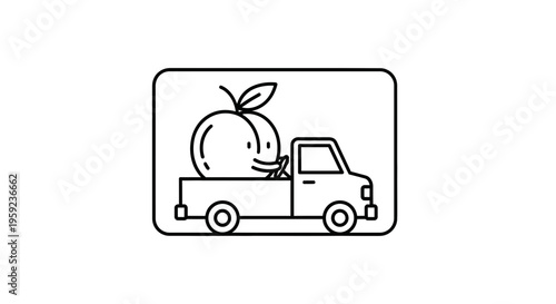 Cartoon peach being delivered by a pickup truck, vector illustration