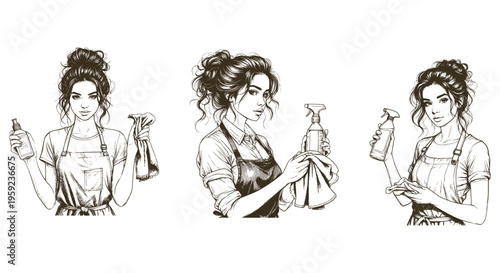 Hausemaid with a duster and dispenser, black and white sketch. Vector illustration. A housewife tidying up the house, a set of drawings isolated on a white background.