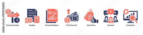 Financial Insight web banner icon vector illustration featuring Financial Guide,Budget,Financial Report,Profit Growth,Best Price,Demand,and Evaluation