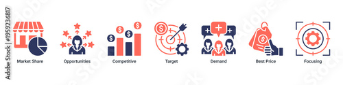 Market Intelligence web banner icon vector illustration with Market Share,Opportunities,Competitive,Target,Demand,Best Price,and Focusing