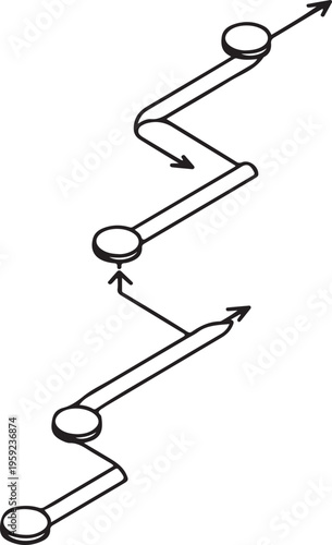 A minimalist isometric line drawing showing a sequential path with circular nodes and arrows