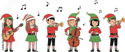 Set of 6 Christmas Elf Musicians Playing Instruments for Holiday, Festive, and Seasonal Music Designs