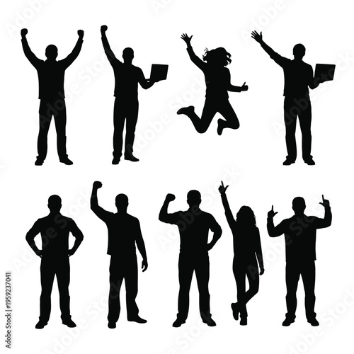 Excited and successful people celebrating achievement, happiness and victory silhouettes