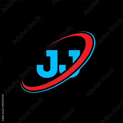 JJ J J letter logo design. Initial letter JJ linked circle uppercase monogram logo red and blue. JJ logo, J J design. jj, j j