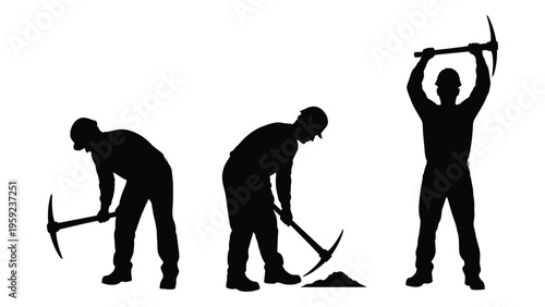 Silhouette of a man mining with a pickaxe in various positions