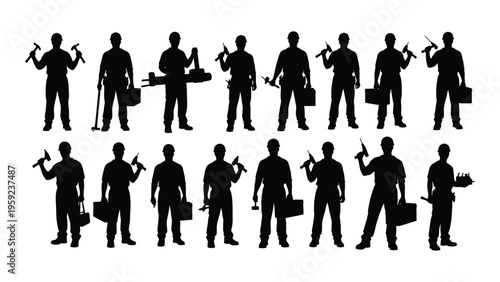 Silhouette of various workers with tools and equipment