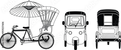 Rickshaw and auto rickshaw vector set, side front rear views, traditional and modern transport vehicles, detailed illustration isolated design
