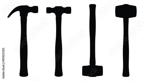 Silhouette of four different types of hammers on a white background